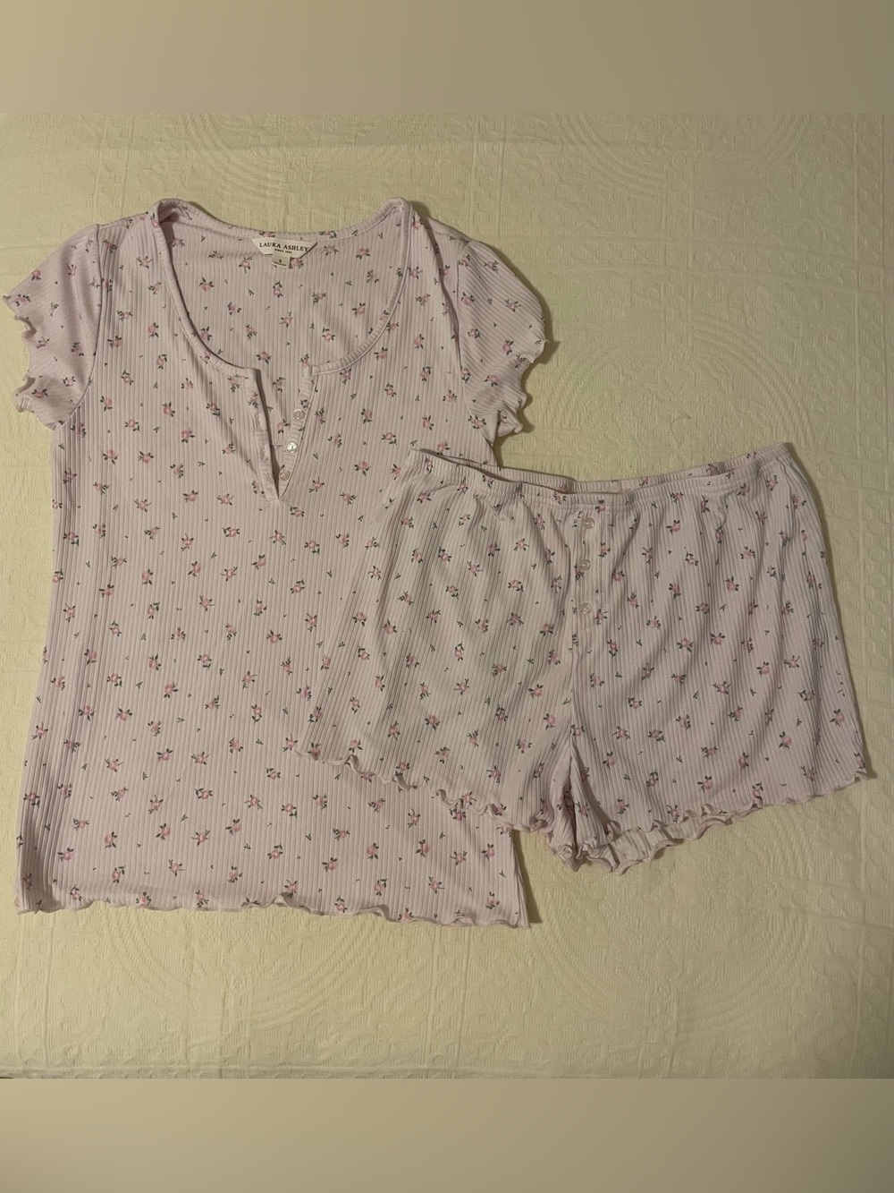 Laura Ashley Light Pink Floral Ribbed Short Pajama Set
